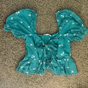 Aeropostale Teal Floral Crop Top Blouse with Puff Sleeves Size S